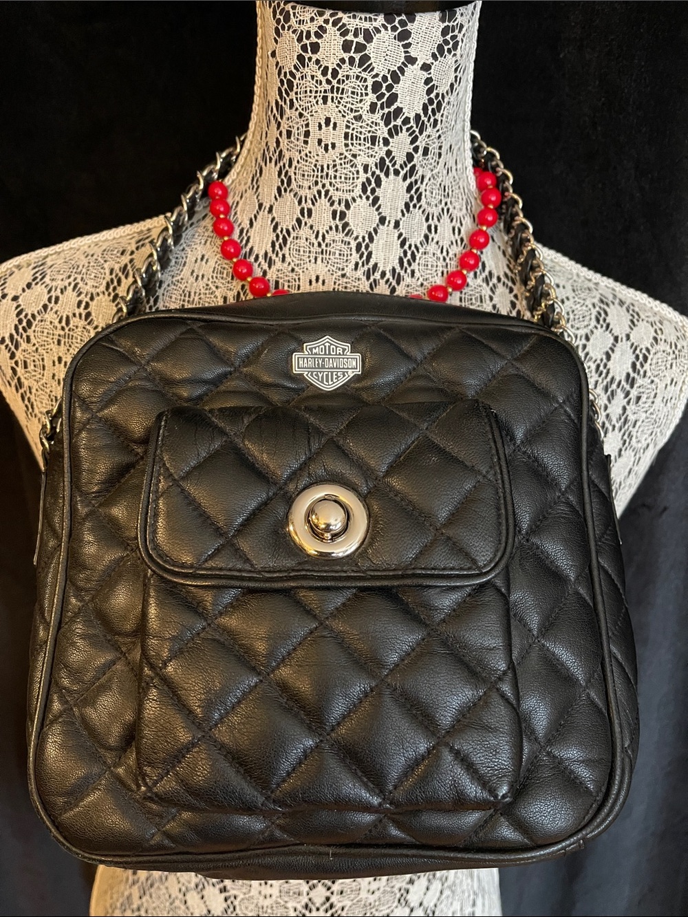 Harley-Davidson Black Quilted Leather Hand Bag with Chain Strap Double Zip Top